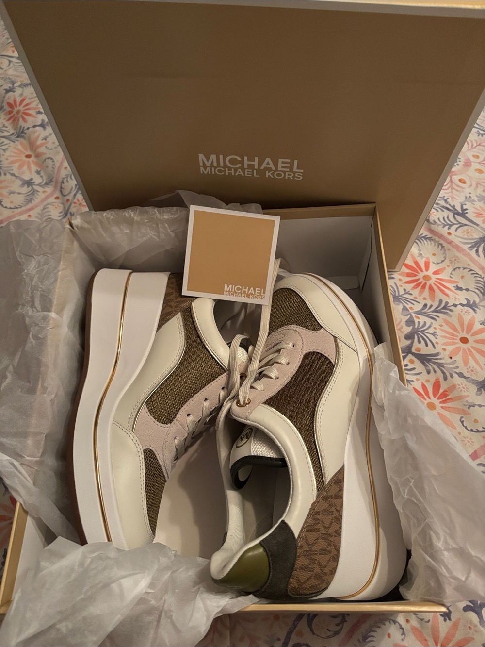 Michael Kors Cream, Brown & Olive Platform Wedge Sneakers
